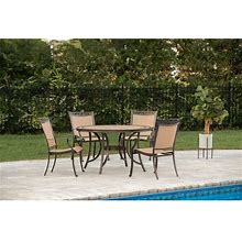 Hanover Fontana 5-Piece Patio Dining Set, 4 Sling Chairs And 51" Round Tile-Top Table Outdoor Furniture, 5PC, Tan