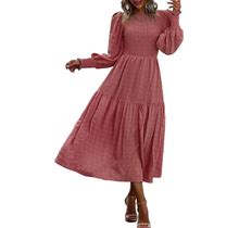 PRETTYGARDEN Women 2024 Puff Long Sleeve Crewneck Smocked Maxi Dress Solid Empire Waist Tiered A-Line Swing Flowy Long Dress