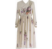 Women's Neutrals Vintage Chiffon Cream V-Neck Floral Print Pleated Midi Dress | Medium | Sugar Cream Vintage