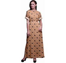 Bimba Rayon Leaves & Chrysanthemum Geometric Smocked Waist Printed Gown Maxi Side Slit Ladies Dress-Large