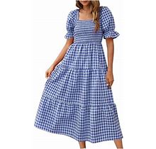 Uppada Women's 2024 Trendy Plaid Long Dress Puff Sleeves Square Neck Maxi Dresses Party Going Out Sundress High Waisted Dress