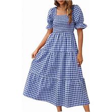 Uppada Women's 2024 Trendy Plaid Long Dress Puff Sleeves Square Neck Maxi Dresses Party Going Out Sundress High Waisted Dress
