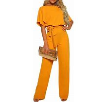 Liacowi Women Casual Loose Solid Short Sleeve Wrap Belted Wide Leg Pant Romper Jumpsuits Crewneck Long Pants Back Keyhole Overall Romper Playsuit
