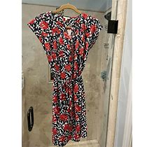 Talbots 4 Petite Red Black White W/ Floral Print Belted Sleeveless Lined Dress