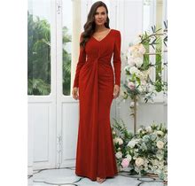 Sheath Long Red Jersey Ruched V-Neck Bridesmaid Dress 2024