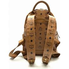 MCM Visetos Backpack Cognac Brown PVC Leather Gold Studs Small Authentic