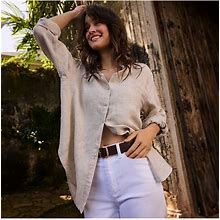 Women's Petite Linen Roll Sleeve Oversized Relaxed Tunic Top - Lands' End - Tan - L
