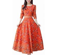Wendunide 2024 Clearance Sales, Dresses For Women 2024 Women Floral Beach Dress Long Sleeve Casual Party Vintage Boho Dress Orange