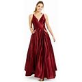Blondie Womens Maroon Embellished Pocketed Satin Ballgown Spaghetti Strap V Neck Full-Length Formal A-Line Dress Juniors 5