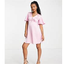 Flounce London Petite Satin Flutter Sleeve Mini Dress In Pink - Pink (Size: 4)