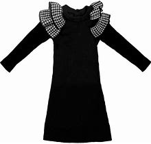 Maniere | Girls Houndstooth Ruffle Knit Dress, (Black, Size 4Y) | Maisonette
