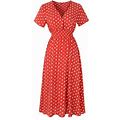 Capreze Ladies Midi Dress Floral Print Tunic Dresses V Neck Summer Beach Sundress Casual Elastic Waist Red Polka Dots M