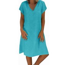 Summer Dress Saving! Itsun Womens Dresses Loose V-Neck Solid Short Sleeve Cotton Linen Flowing Leisure Dress Blue L