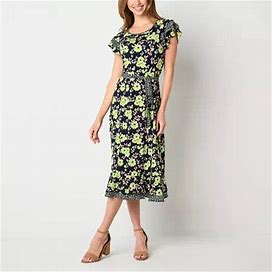 Perceptions Petite Short Sleeve Floral Midi Fit + Flare Dress | Green | Petites Petite Small | Dresses Fit + Flare Dresses | Easter Fashion