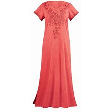 Caite Womens Embroidered Maxi Dress, Long T-Shirt Dress Tone-On-Tone Floral - Cayenne - Medium