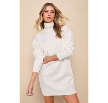 Ivory Turtleneck Fringe Mini Sweater Dress | Womens | Large (Available In M) | Lulus