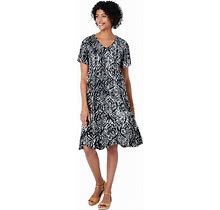 Plus Size Women's Short Pullover Crinkle Dress By Woman Within In Black Ikat (Size 22 W)