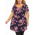 Showmall Women's Plus Size Tunic Short Sleeve Shadow Rose 4X Scoop Neck Summer Evening Top Maternity Flowy Clothes Loose Fit T Shirt