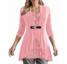 Fauean Shirts For Women Trendy Ruffle Hem Long Sleeves Sequin Tunic Top Fashion Clothing Pink Size M