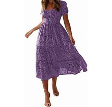 Eguiwyn Casual Dresses For Women 2024 Trendy Women's Summer Dress Flare Sleeve Dress Floral Print Casual Flowy Midi Dress Purple M