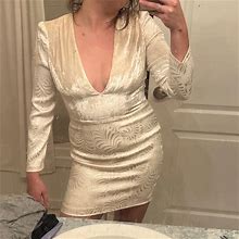 Free People Dresses | Free People Long Sleeve Metallic Silver And White Mini Dress Leaf Palm | Color: Silver/White | Size: 8