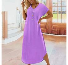 Clearance Dresses For Women 2023 Women's Dress Himiway Women's Fashion V Neck Loose Solid Color Short Sleeve Casual Pullover Dress Purple M