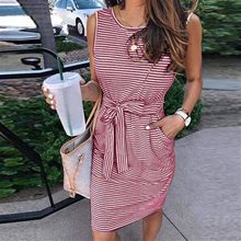 Beeyaso Summer Dresses For Women Mid-Length A-Line Sleeveless Holiday Crew Neck Solid Dress On Clearance Wine M