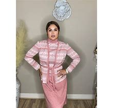 60'S Vintage Mod Bleeker Street Pink Geometric Cardigan And Belted Dress Set - Fits Like A 6