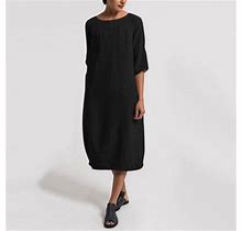 Bebutton Womens Summer Plus Size Casual Solid Straight Dresses Loose Elbow-Length Round Neck Midi Dresses Black L