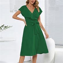 Finelylove Petite Maxi Dresses Semi Formal Junior Dresses V-Neck Solid Short Sleeve Sun Dress Green