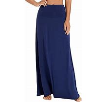 EXCHIC Women's Bohemian Style Print/Solid Elastic Waist Long Maxi Skirt (L, Navy Blue)