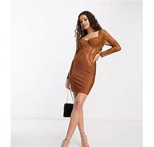 ASOS DESIGN Petite Lace Insert Taped Bandage Mini Dress In Brown-Multi - Multi (Size: 4)