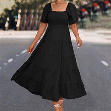 Finelylove Mini Dresses Petite Maxi Dresses V-Neck Solid Short Sleeve Sun Dress Black