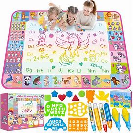 Aqua Water Doodle Mat - Kids Drawing Mat Toddlers Educational Toys For Age 3 4 5 6 7 8 Year Old Boys Girls Gifts - Neon Color Mat Doodle Board