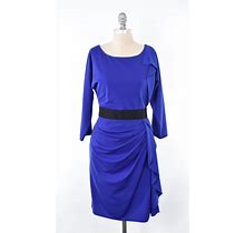 Kay Unger Dress 10 Royal Blue Stretch Ponte 3/4 Sleeve Knit Draped Ruffle Sheath