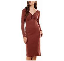 Planet Gold Womens Brown Stretch Ruched Cut Out Unlined Pullover Styling Long Sleeve V Neck Knee Length Cocktail Sheath Dress Juniors M