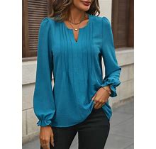 Notched Long Sleeve Plain Regular Loose Shirt For Women Blue/XL