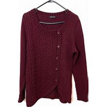 Venus Women's M Burgundy Cable Knit V-Neck Tunic Sweater Asymmetrical Button CC