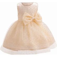 Reoriafee Little Girls Summer Floral Dresses Kids Boho Dress Sleeveless Lace Bow Mesh Dress Gauze Dress Princess Dress Beige 1-2 Years