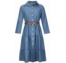 Summer Savings Clearance! Umfun Women's Summer Dresses Fashion Denim Lapel Denim Square Neck Panelled Buttoned Midi Shirt Dress Blue XL