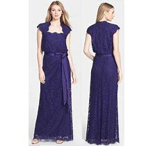 NWOT Royal Purple TADASHI SHOJI Lace Blouson Belted Cap Sleeve Gown SIZE 12