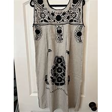 Sleeveless Puebla Grey & Cream Dress W/Beautiful Black Hand Embroidery! Read Details For Measurements Medium! Free Shipping!