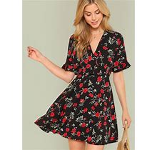 Shein Dresses | New Floral Print V-Neck Dress | Color: Black/Red | Size: 2