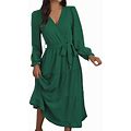 Autumn Women Long Sleeve Solid Color V-Neck Casual Dress Party Dress
