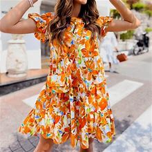 Vkekieo Womens Dresses Sun Dress Crew Neck Short Sleeve Floral Orange S