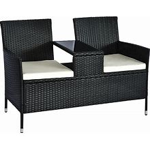 Outsunny Patio Wicker Conversation Furniture Set, Outdoor Rattan 2-Seater Chair, Modern Loveseat W/ Cushions & Coffee Table For Garden, Black