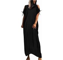 Bigersell Women's Casual Loose Maxi Dress Summer V-Neck Cold Shoulder Short Sleeve Long Dresses Loose Shirt Dress Beach Sundress, Black Free Size