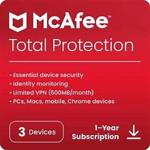 Mcafee Total Protection (With VPN) - 2024 Antivirus - 1 Year Subscription - 3 Devices