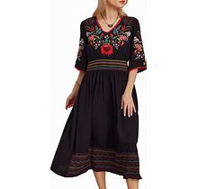 Higustar Mexican Embroidered Dresses For Women Boho Peasant Traditional Fiesta Bohemian Floral Long Dress