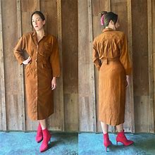 90S Copper Crinkled Safari Dress W/ Oversized Pockets & Belt Loops
